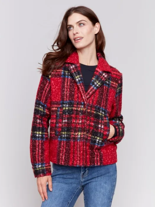 Charlie B C6334 Plaid Bouclé Knit Short Coat