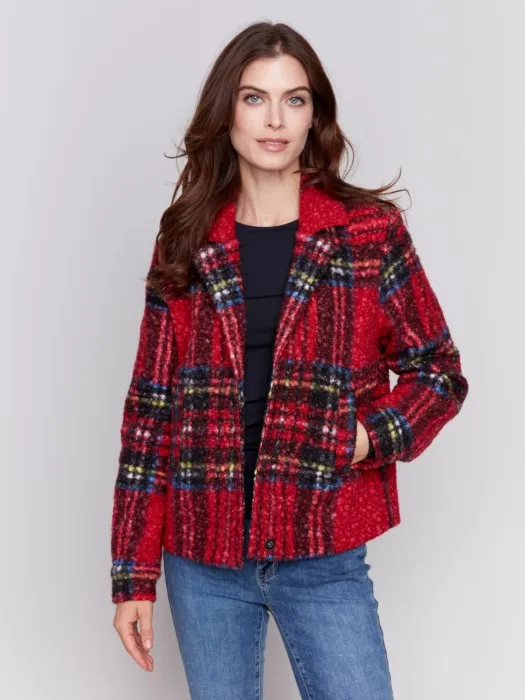 Charlie B C6334 Plaid Bouclé Knit Short Coat