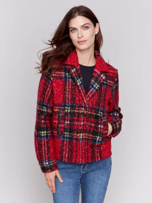 Charlie B C6334 Plaid Bouclé Knit Short Coat