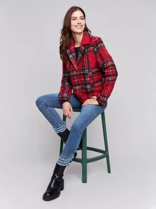 Charlie B C6334 Plaid Bouclé Knit Short Coat