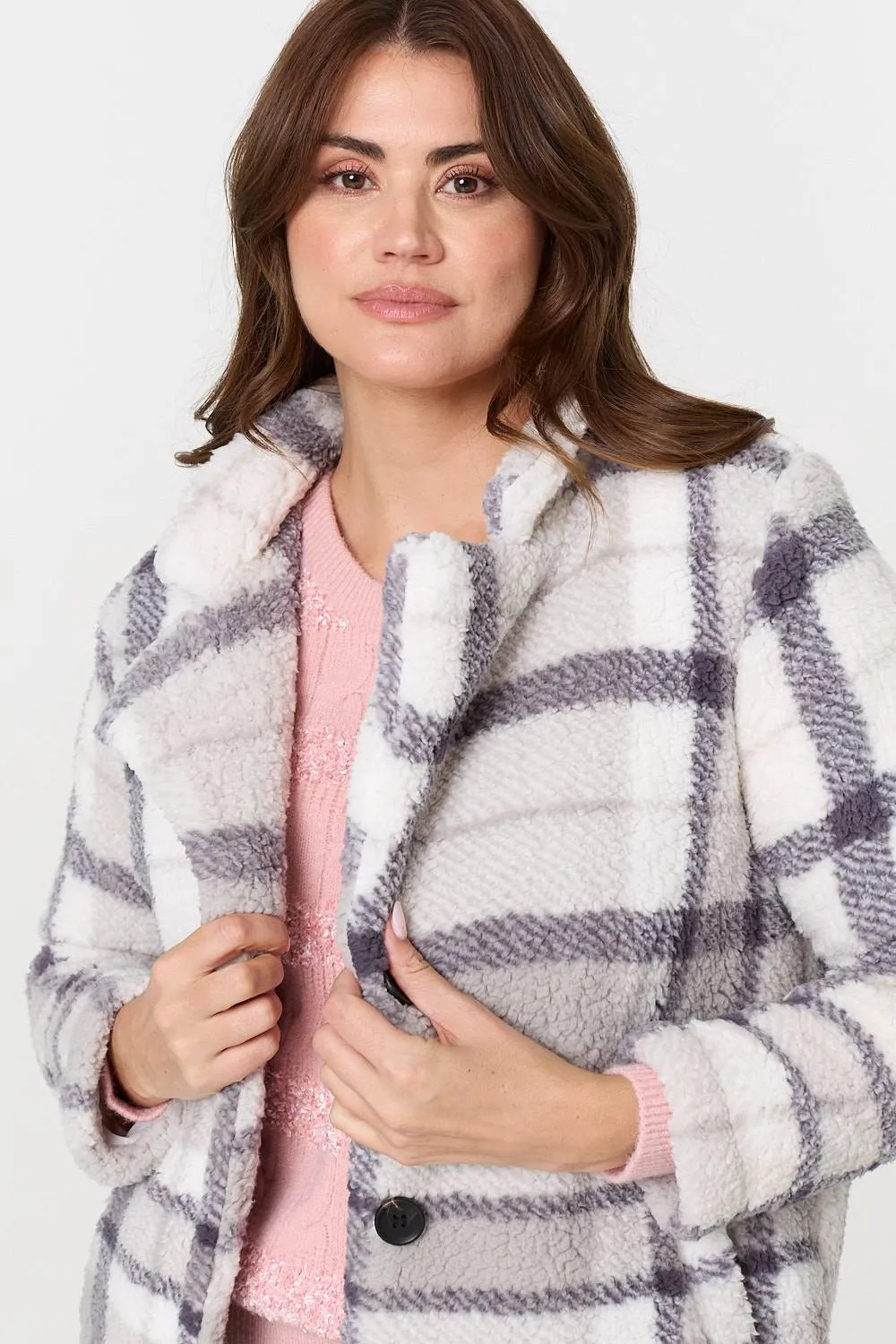 Checked Teddy Fur Thigh Length Jacket