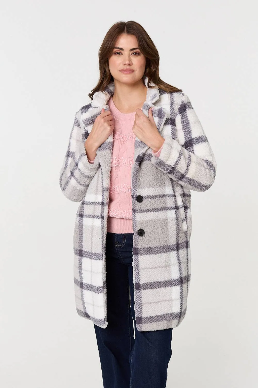 Checked Teddy Fur Thigh Length Jacket