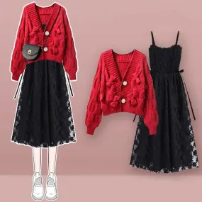 Chic Bow Decor Collar Cardigan Sweater Lace Slip Dress Two Piece Set