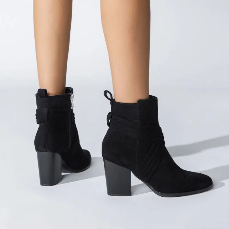 Chic Crisscross Strap Pointed Toe Block Heel Suede Ankle Boots - Black