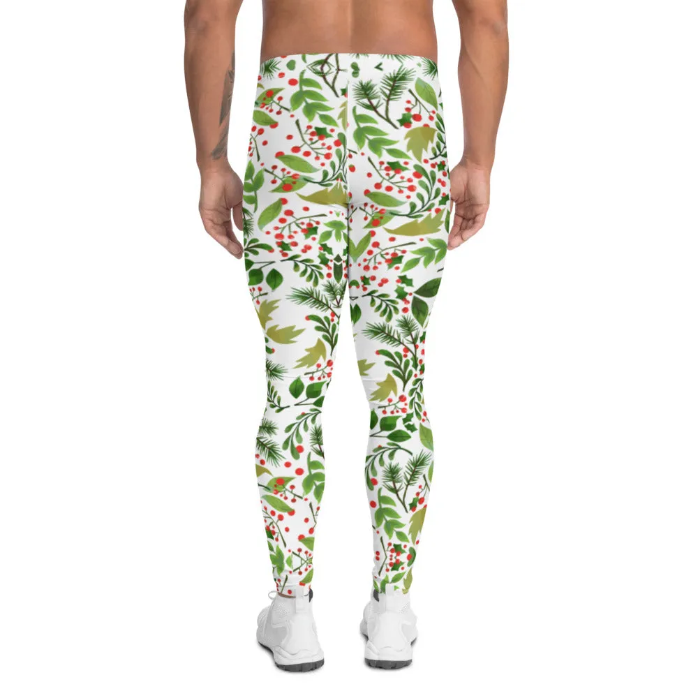 Christmas Floral Happy Men's Leggings, White Xmas Party Meggings Tights-Made in USA/EU