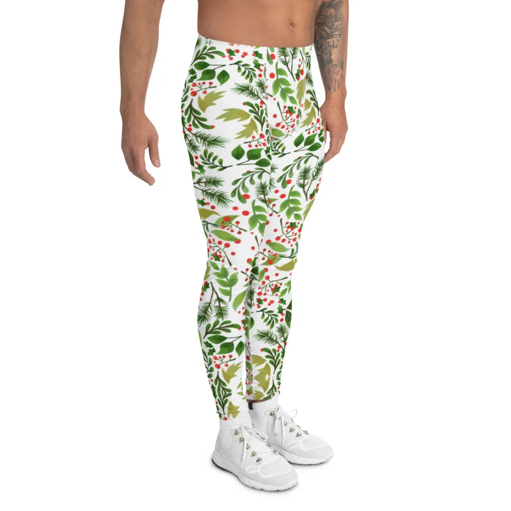 Christmas Floral Happy Men's Leggings, White Xmas Party Meggings Tights-Made in USA/EU