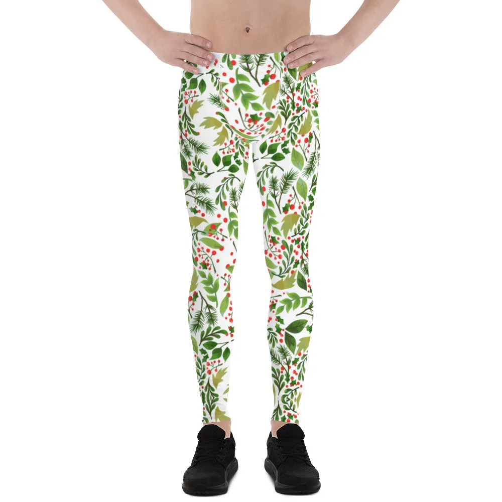 Christmas Floral Happy Men's Leggings, White Xmas Party Meggings Tights-Made in USA/EU