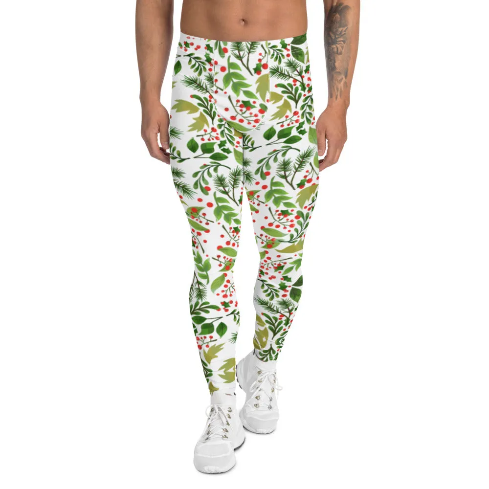 Christmas Floral Happy Men's Leggings, White Xmas Party Meggings Tights-Made in USA/EU