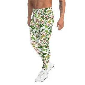 Christmas Floral Happy Men's Leggings, White Xmas Party Meggings Tights-Made in USA/EU