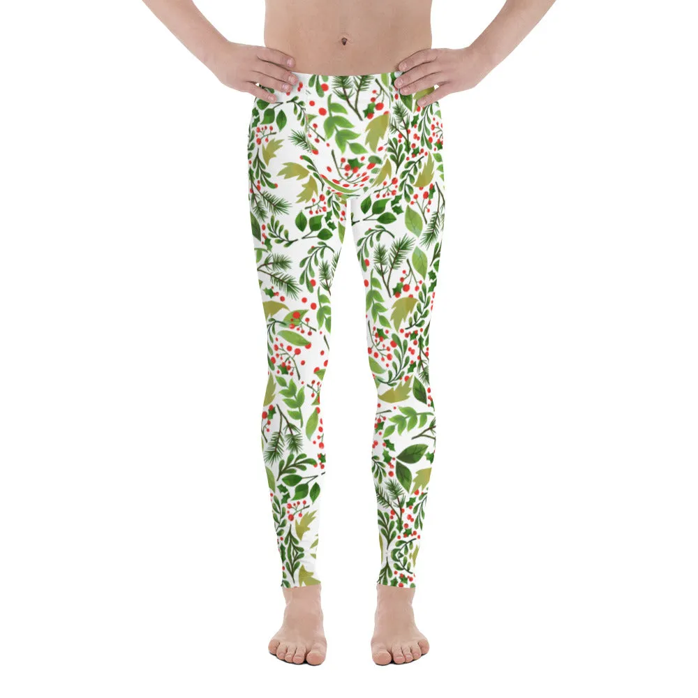 Christmas Floral Happy Men's Leggings, White Xmas Party Meggings Tights-Made in USA/EU