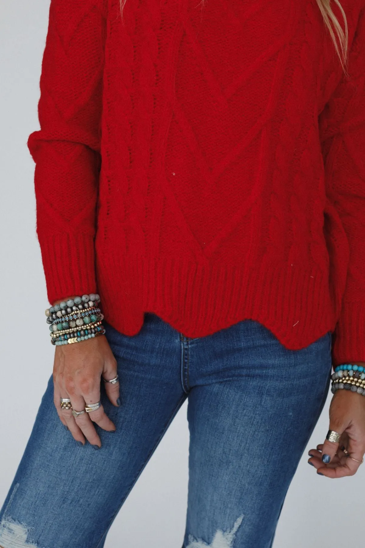 Coffee Chats Scallop Hem Sweater - Ruby