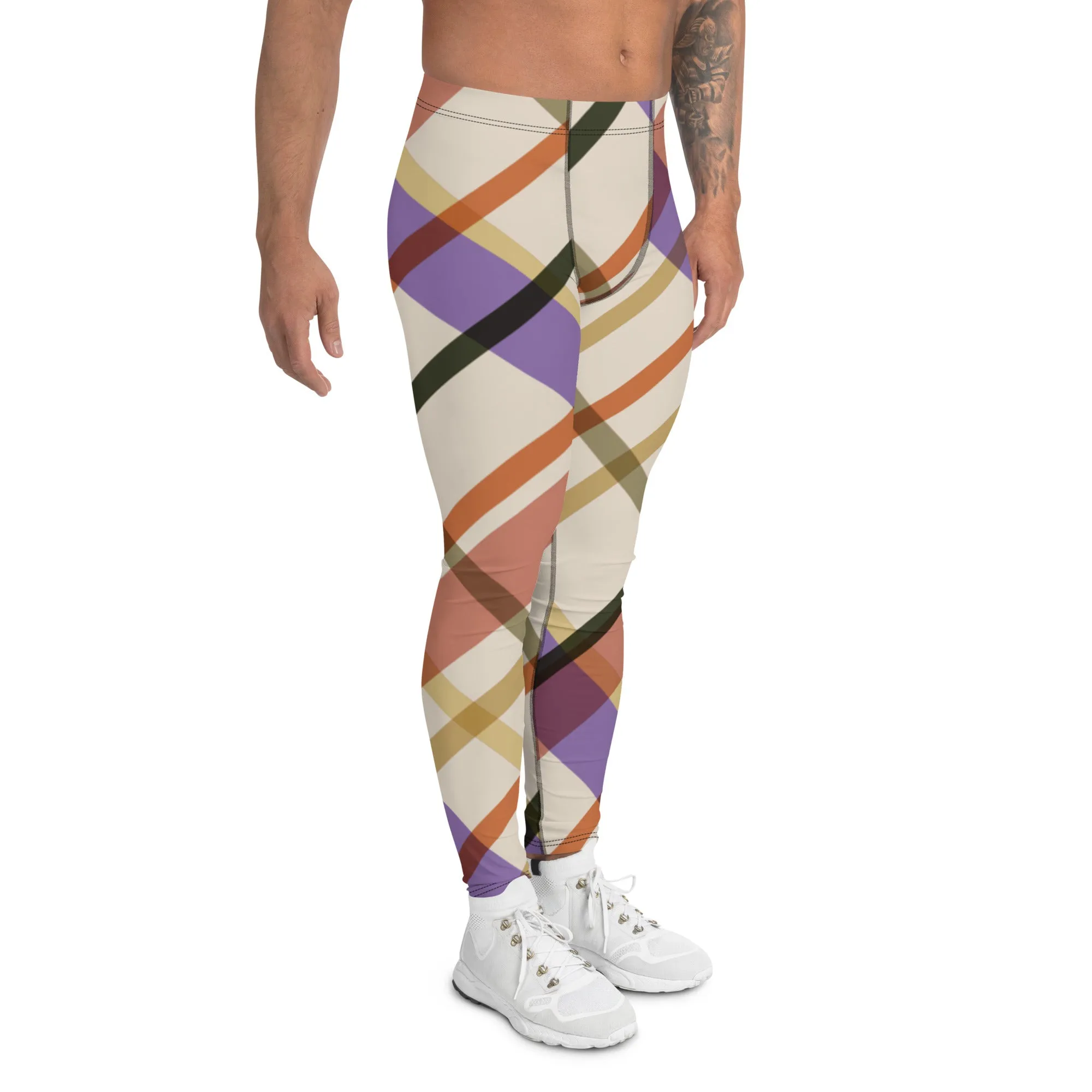 Colorful Plaid Print Men's Leggings, Designer Tartan Print Premium Quality Men's Tights-Made in USA/EU/MX