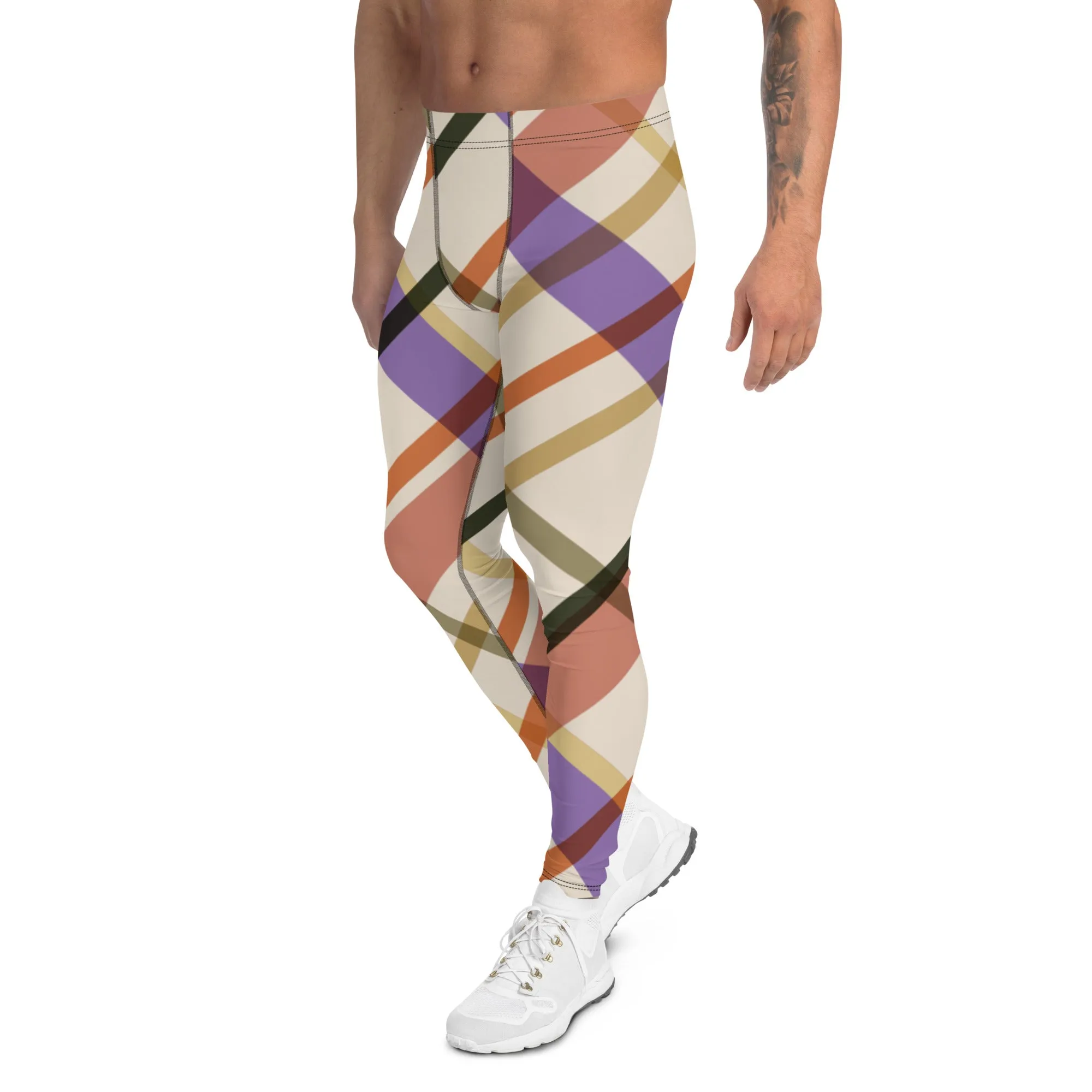 Colorful Plaid Print Men's Leggings, Designer Tartan Print Premium Quality Men's Tights-Made in USA/EU/MX