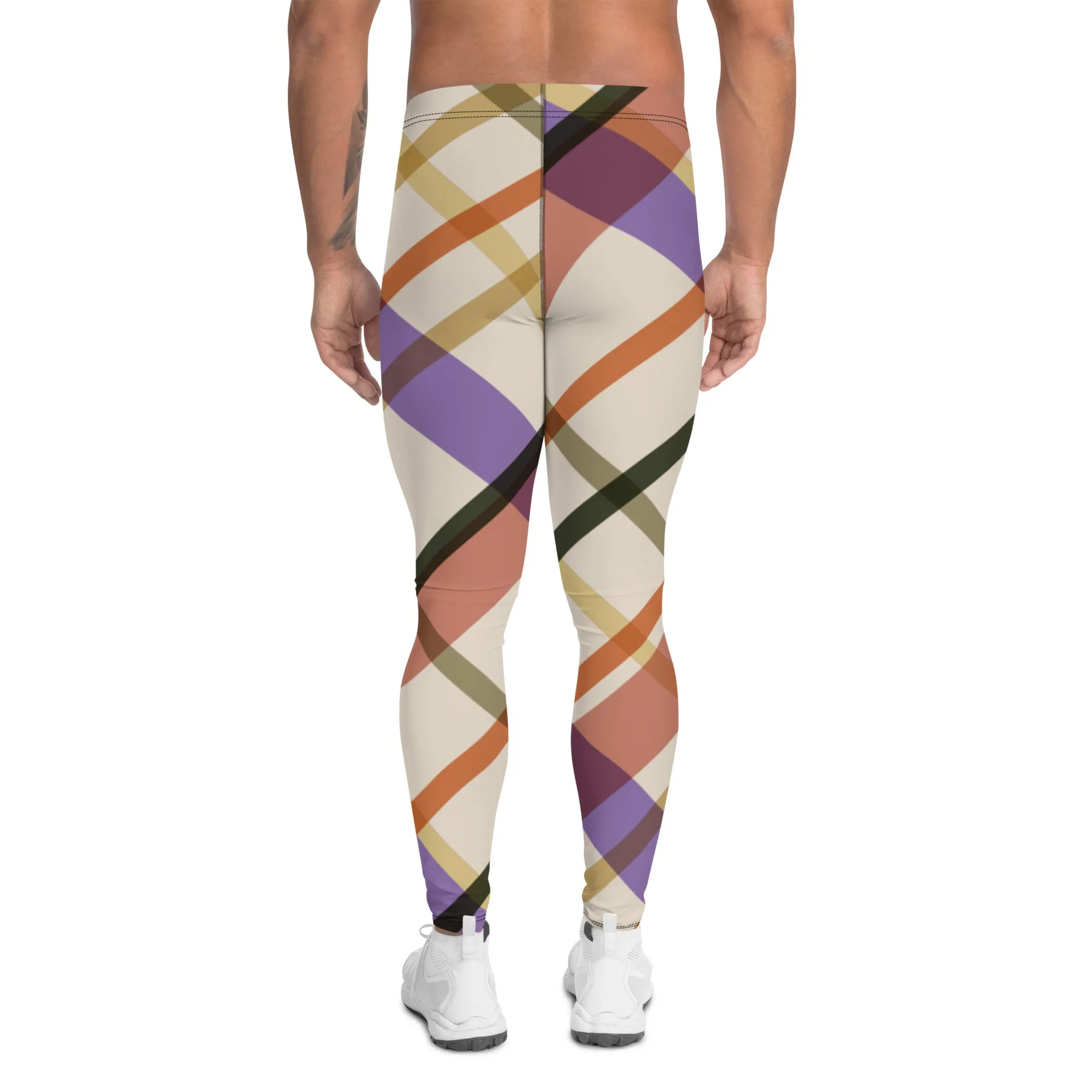 Colorful Plaid Print Men's Leggings, Designer Tartan Print Premium Quality Men's Tights-Made in USA/EU/MX