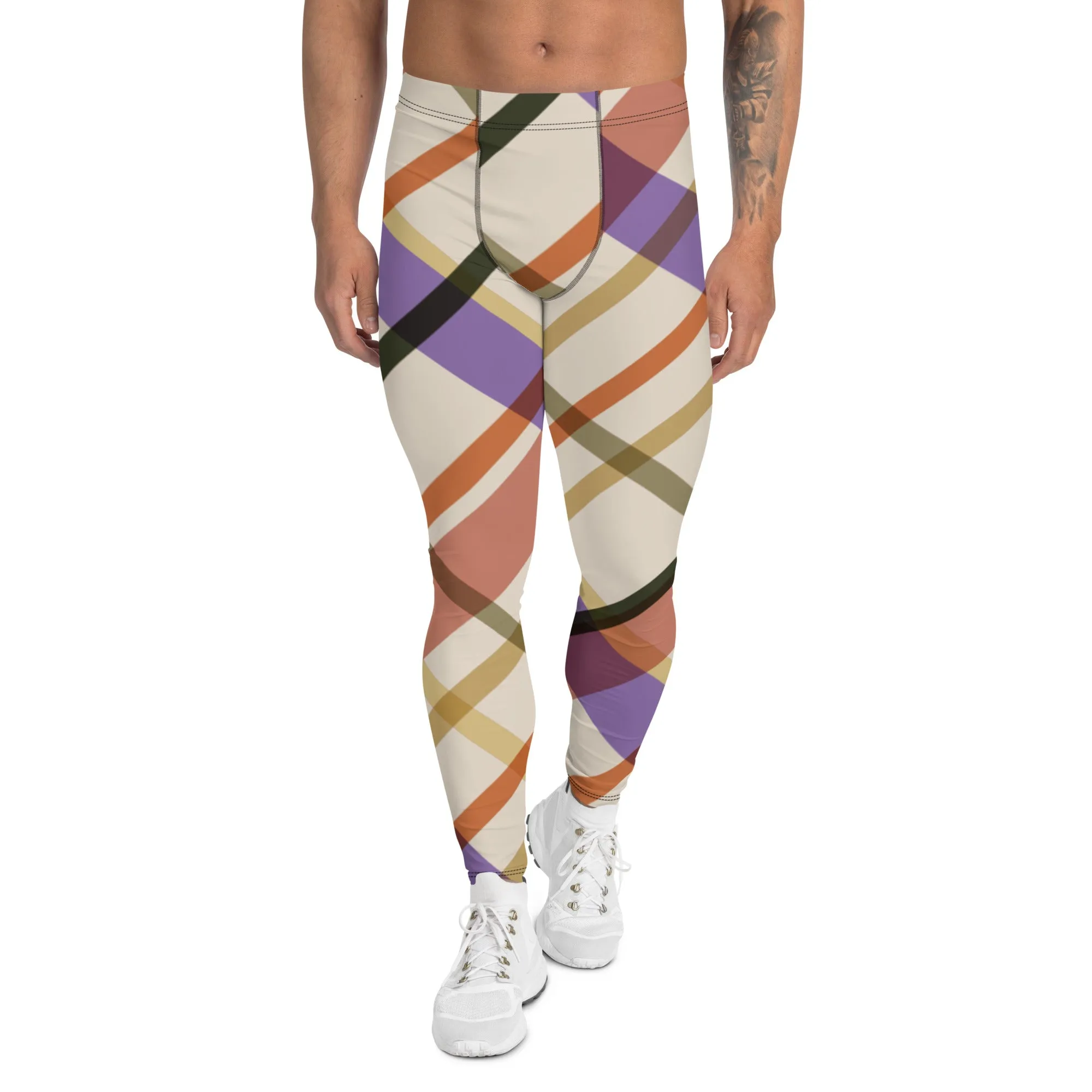 Colorful Plaid Print Men's Leggings, Designer Tartan Print Premium Quality Men's Tights-Made in USA/EU/MX