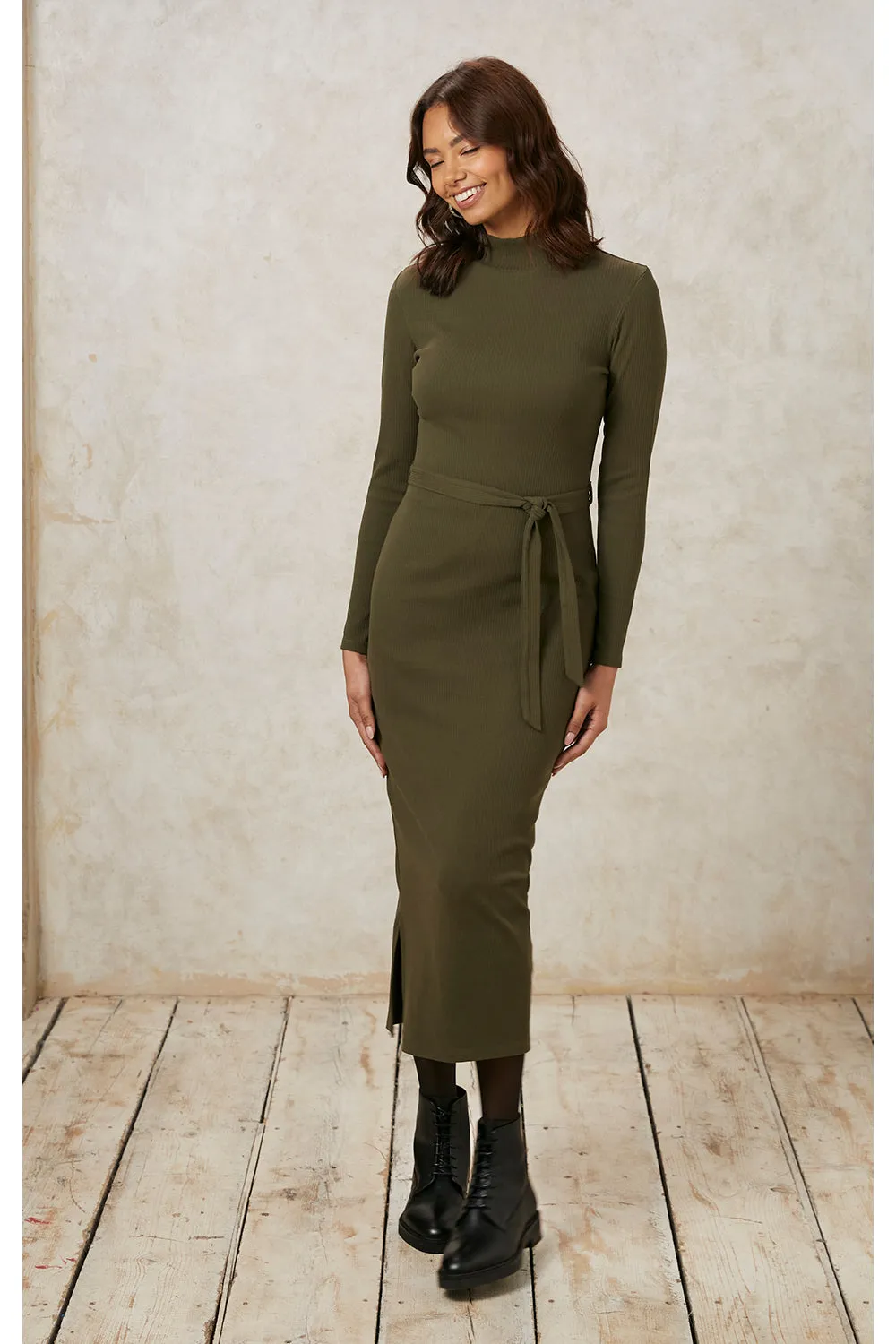 Corey Rib Midi Dress in Khaki