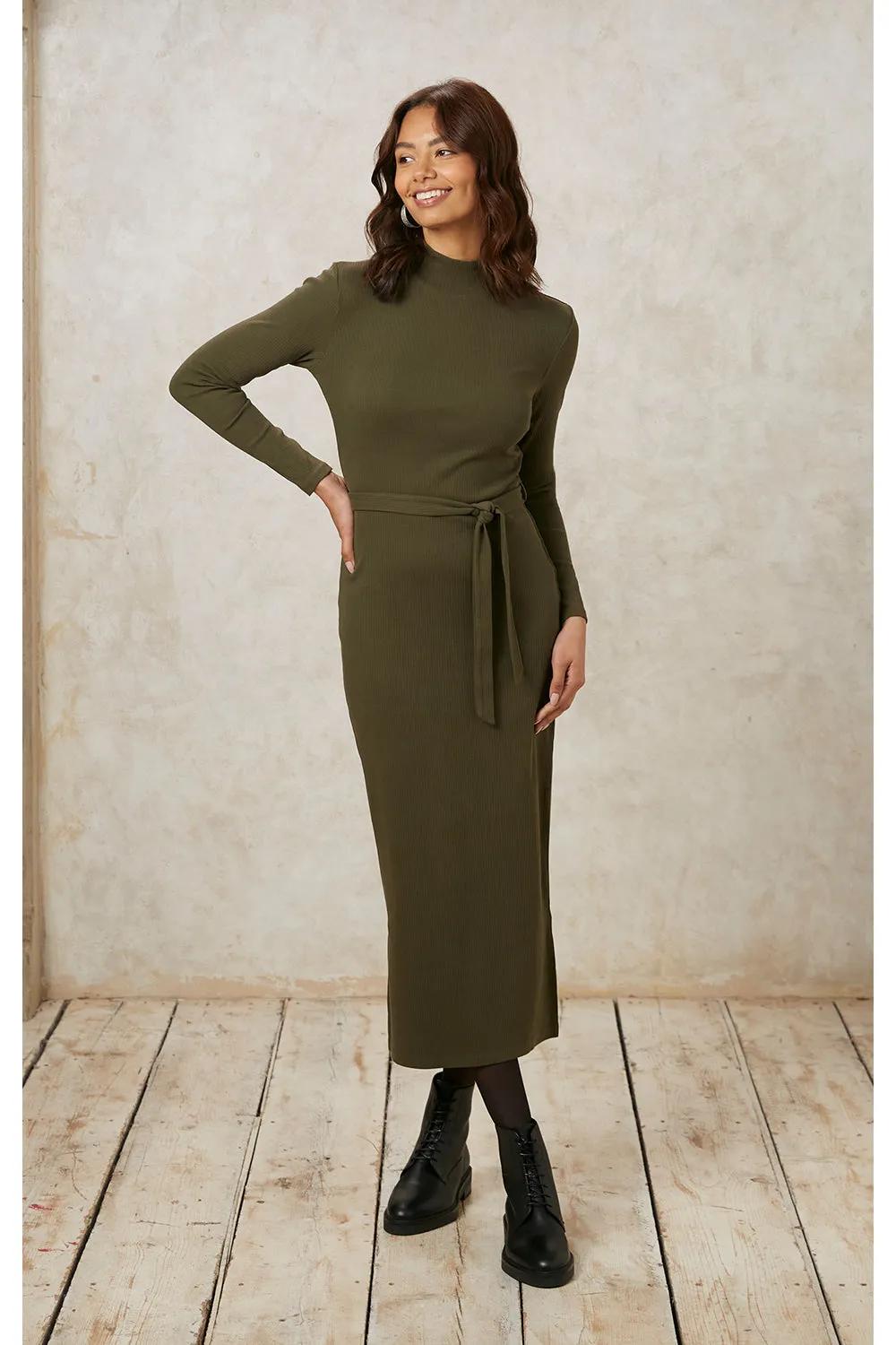 Corey Rib Midi Dress in Khaki