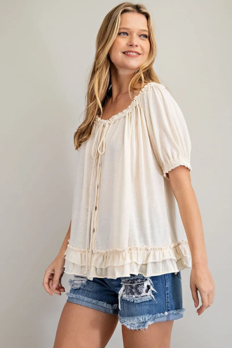 Cotton slub button-down top with double ruffle front