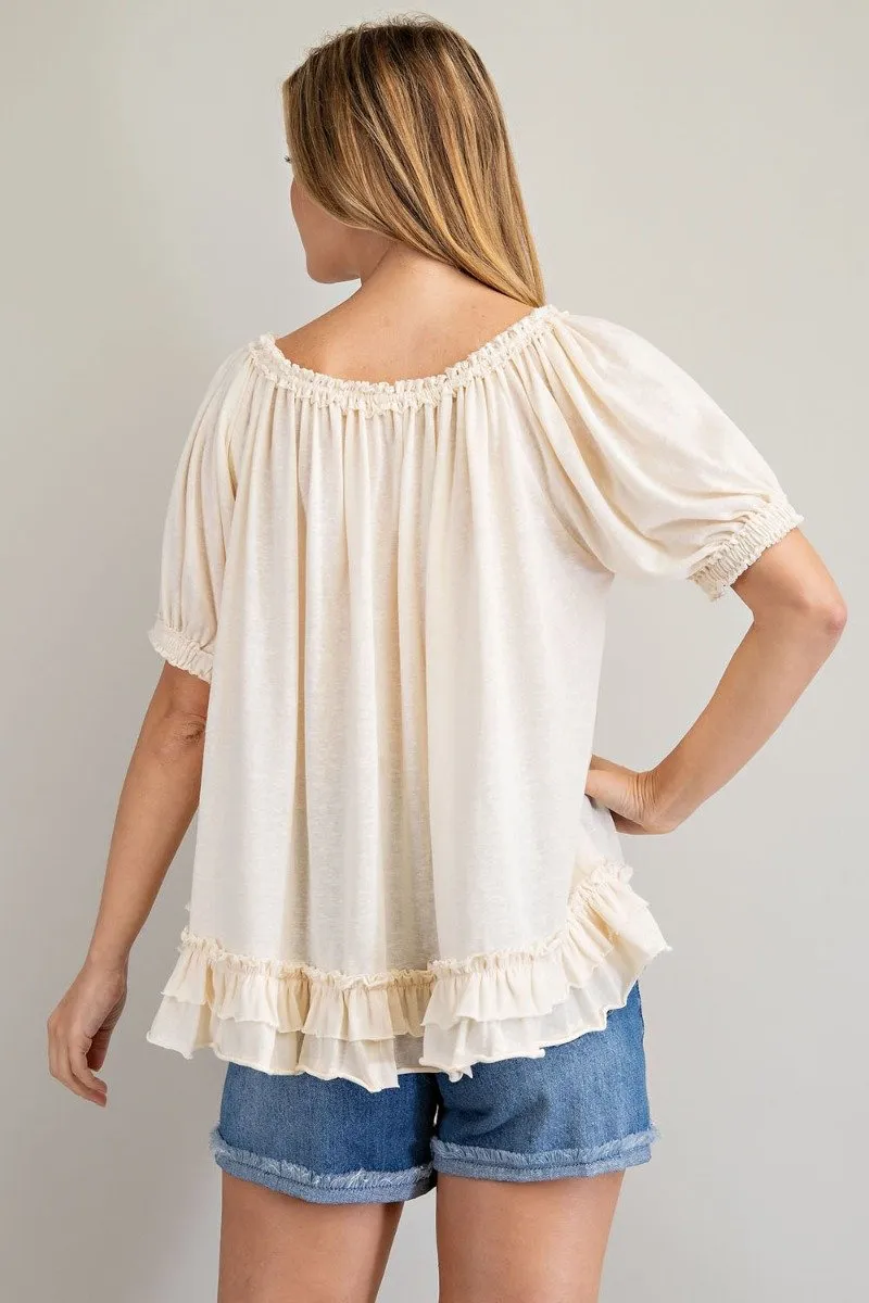 Cotton slub button-down top with double ruffle front