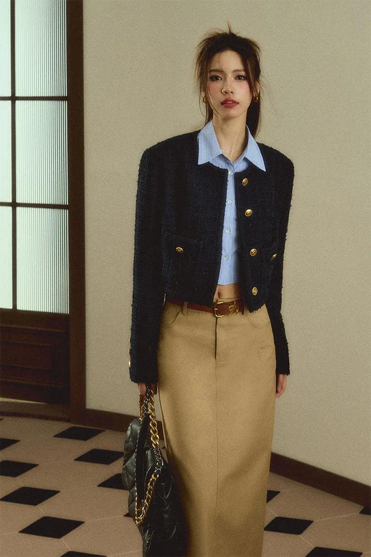 Cropped Tweed Jacket: Navy Blue Boucle with Gold Button Detail and Logo Embroidery