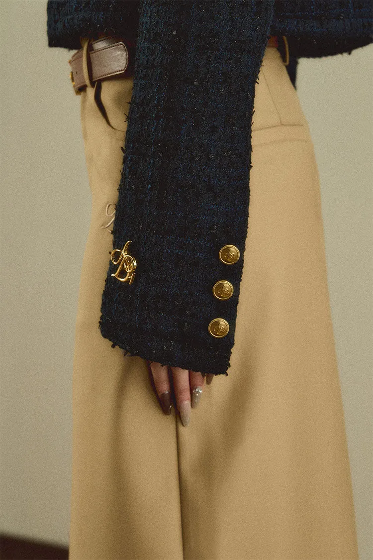 Cropped Tweed Jacket: Navy Blue Boucle with Gold Button Detail and Logo Embroidery