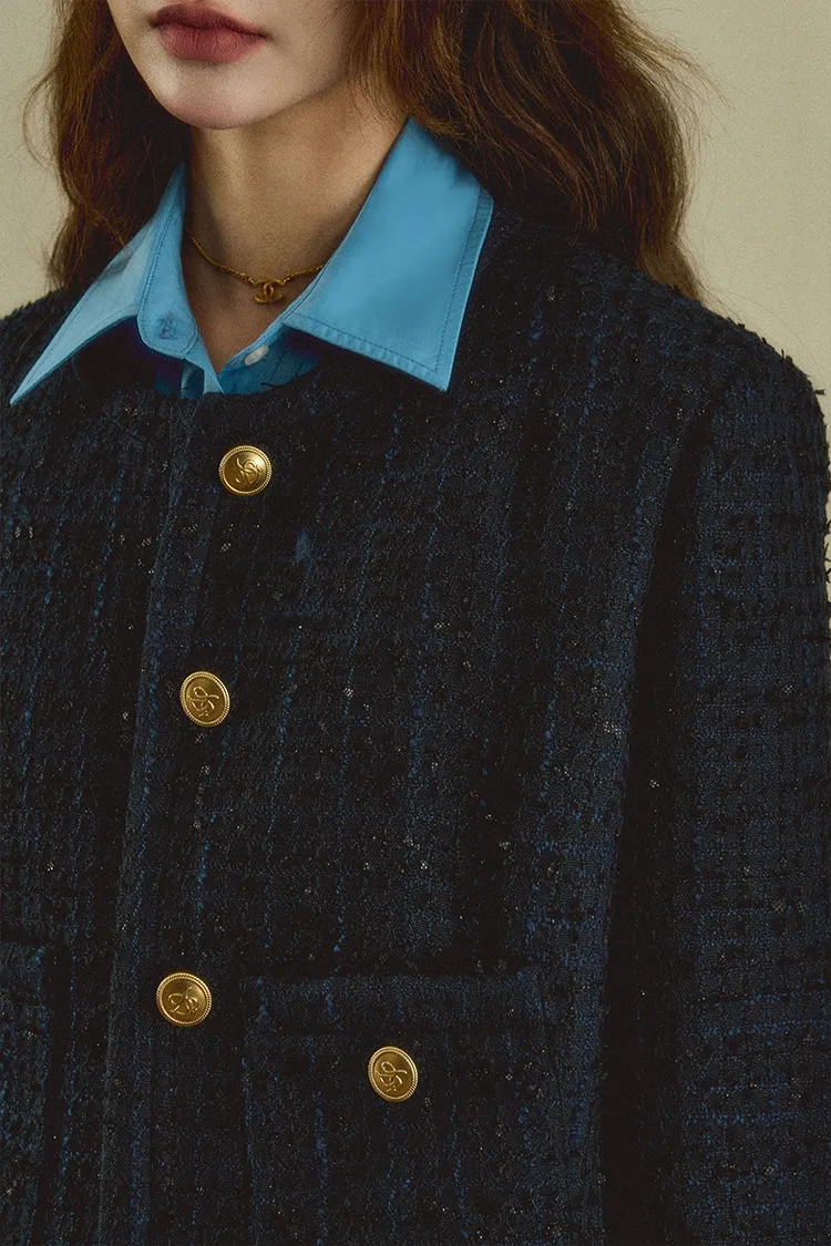 Cropped Tweed Jacket: Navy Blue Boucle with Gold Button Detail and Logo Embroidery