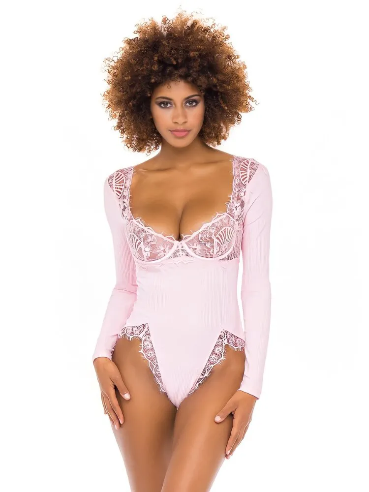 Crystal Rose Ribbed Knit Lace Teddy