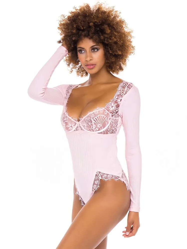 Crystal Rose Ribbed Knit Lace Teddy