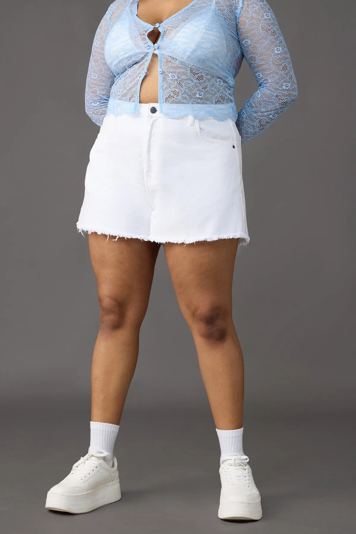 Curve Frayed Hem White Denim Hot Shorts