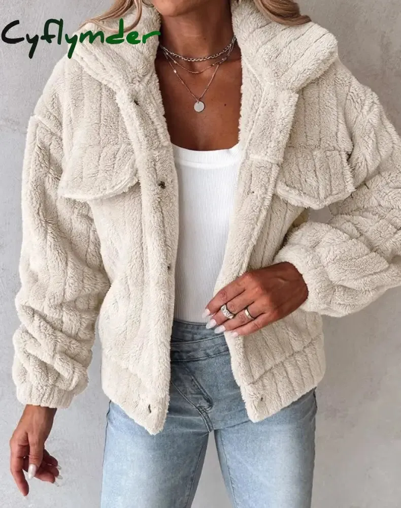 Cyflymder Women's Coat Winter Solid Color Warm Casaul Coat Turn-Down Collar Buttoned Long Sleeved Teddy Jacket Thick Fur Coat