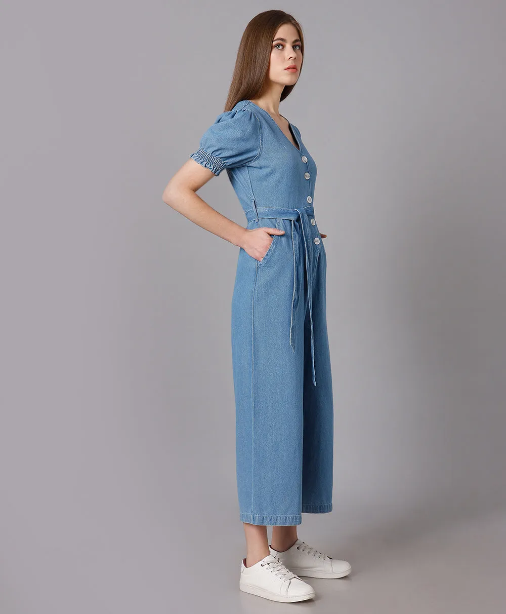 Denim Jumpsuit with Puff Sleeves