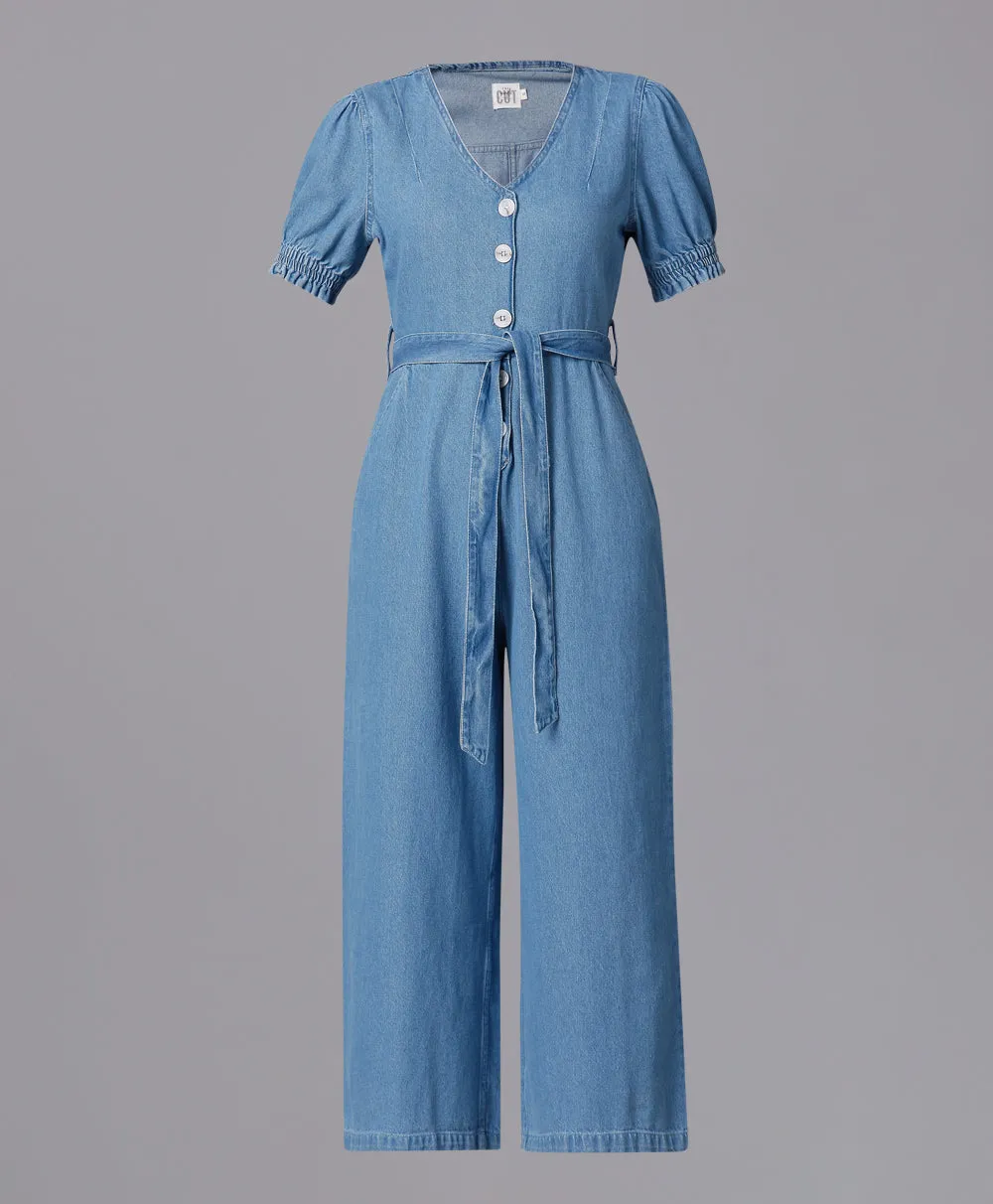 Denim Jumpsuit with Puff Sleeves