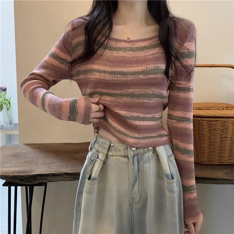 Design Sense Striped Square Neck Short Top Women's Long Sleeve Spring, Autumn and Winter Sweet and Skinny Slim Inside Bottom Knitted Sweater