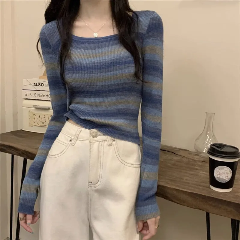 Design Sense Striped Square Neck Short Top Women's Long Sleeve Spring, Autumn and Winter Sweet and Skinny Slim Inside Bottom Knitted Sweater