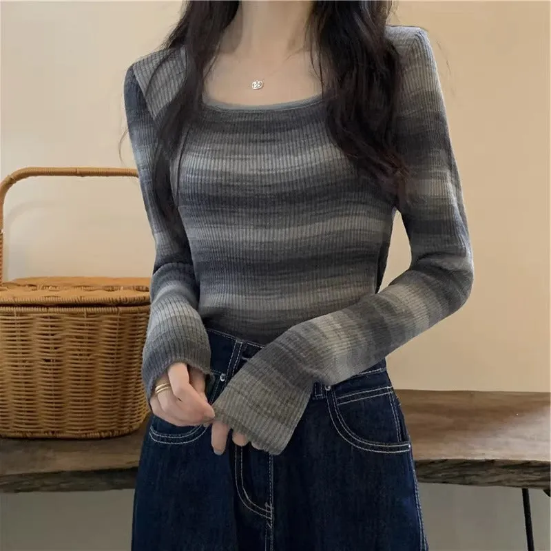 Design Sense Striped Square Neck Short Top Women's Long Sleeve Spring, Autumn and Winter Sweet and Skinny Slim Inside Bottom Knitted Sweater