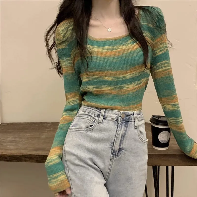 Design Sense Striped Square Neck Short Top Women's Long Sleeve Spring, Autumn and Winter Sweet and Skinny Slim Inside Bottom Knitted Sweater