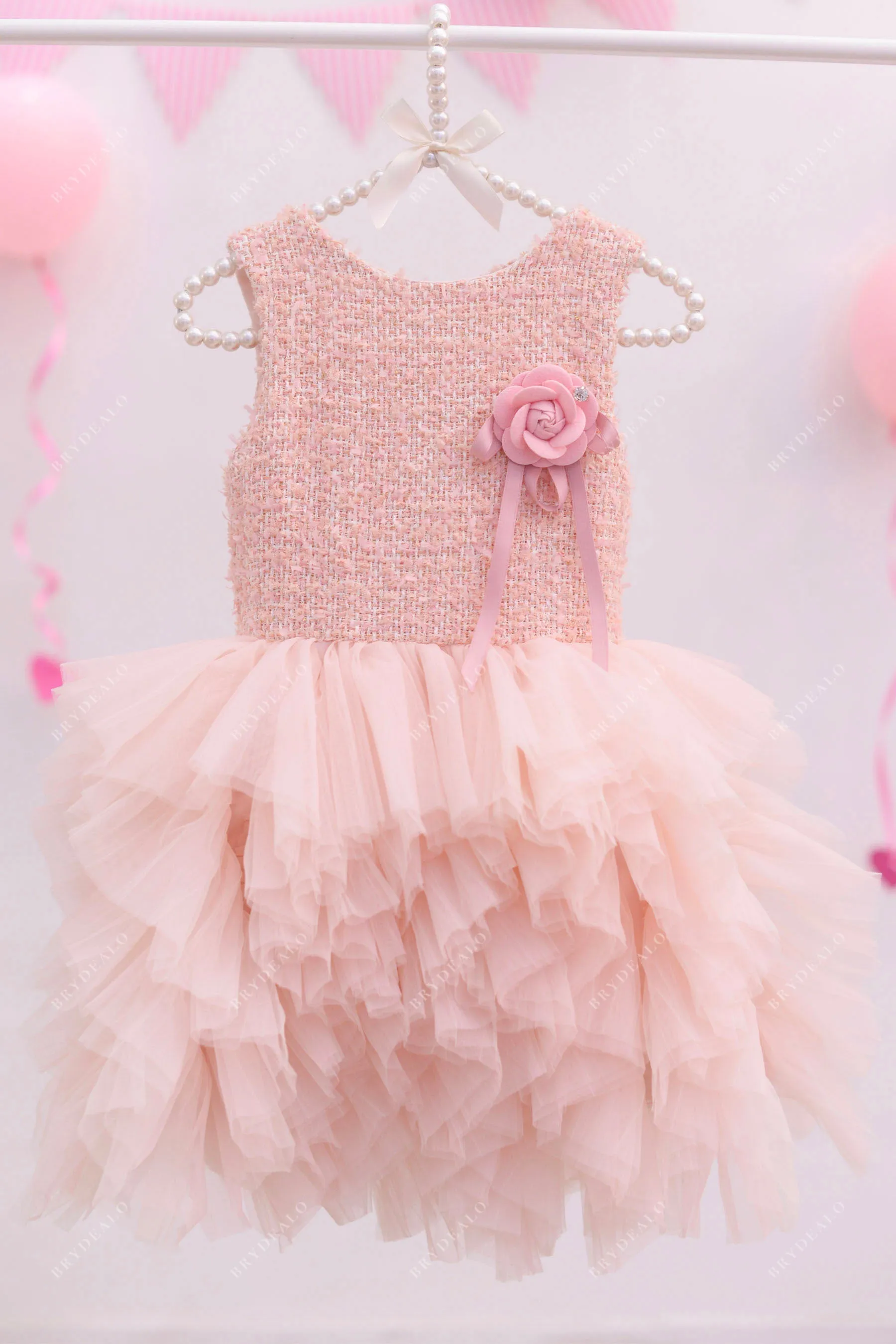 Designer Ruffled Pearl Pink Tiered Tulle Kids Birthday Dress