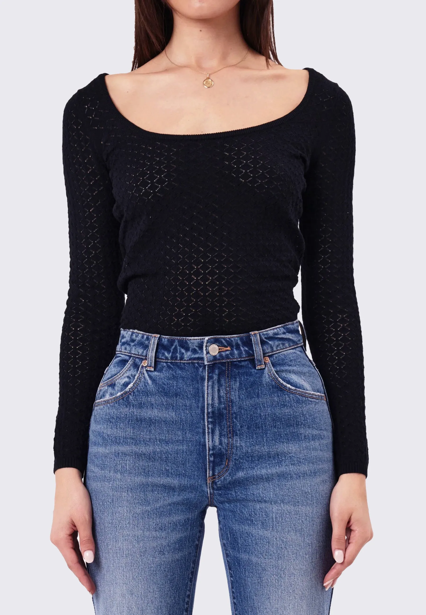 Diamond Knit Long Sleeve Top - Black