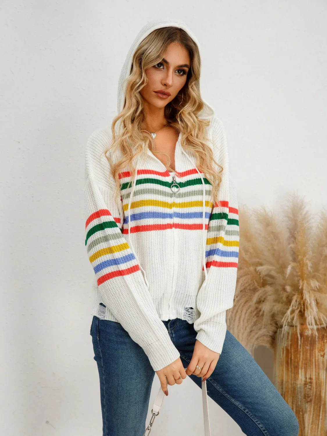 Drawstring Striped Dropped Shoulder Hooded Cardigan