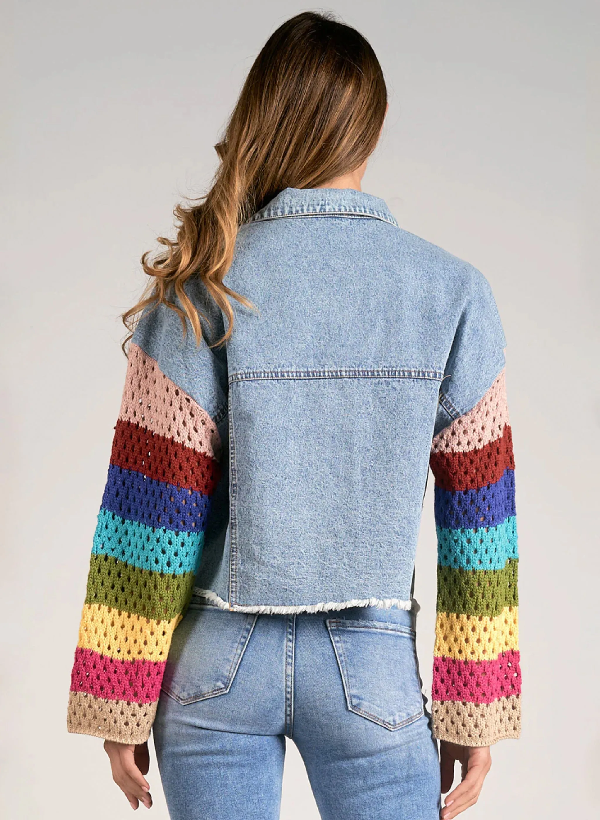 Elan - Jacket Crop Crochet Sleeve - Denim