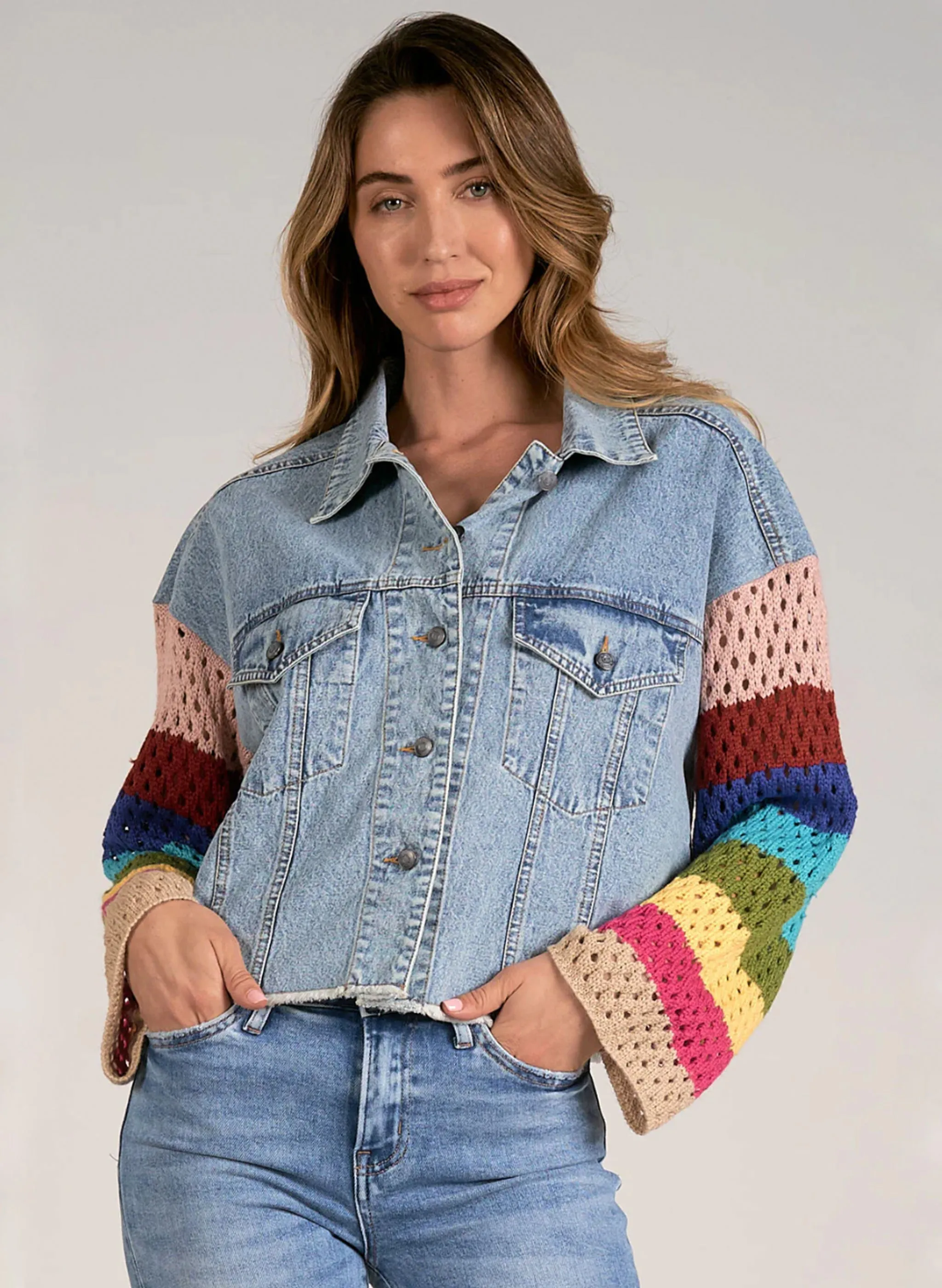 Elan - Jacket Crop Crochet Sleeve - Denim