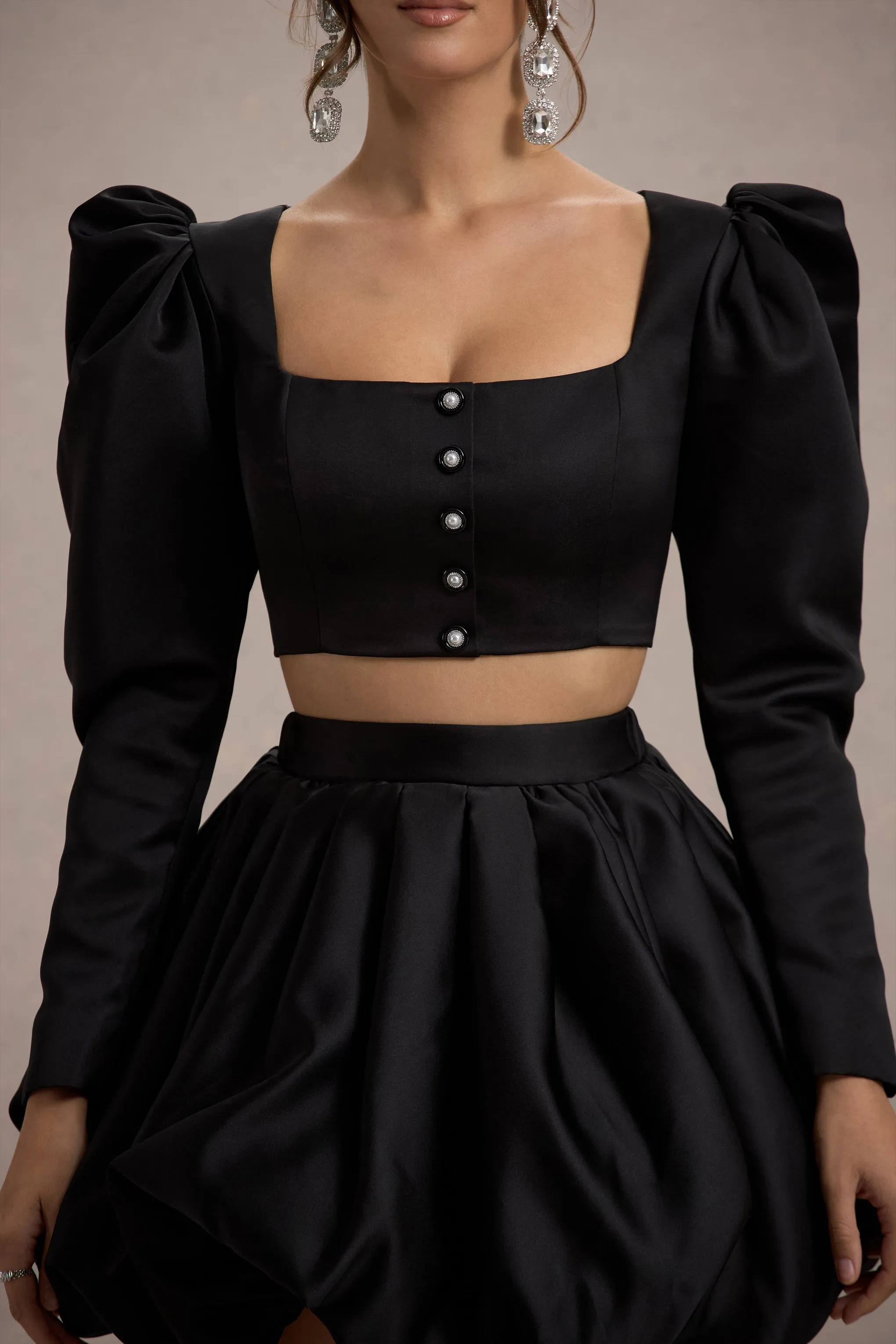 Eloisa | Black Satin Puff-Sleeve Cropped Jacket