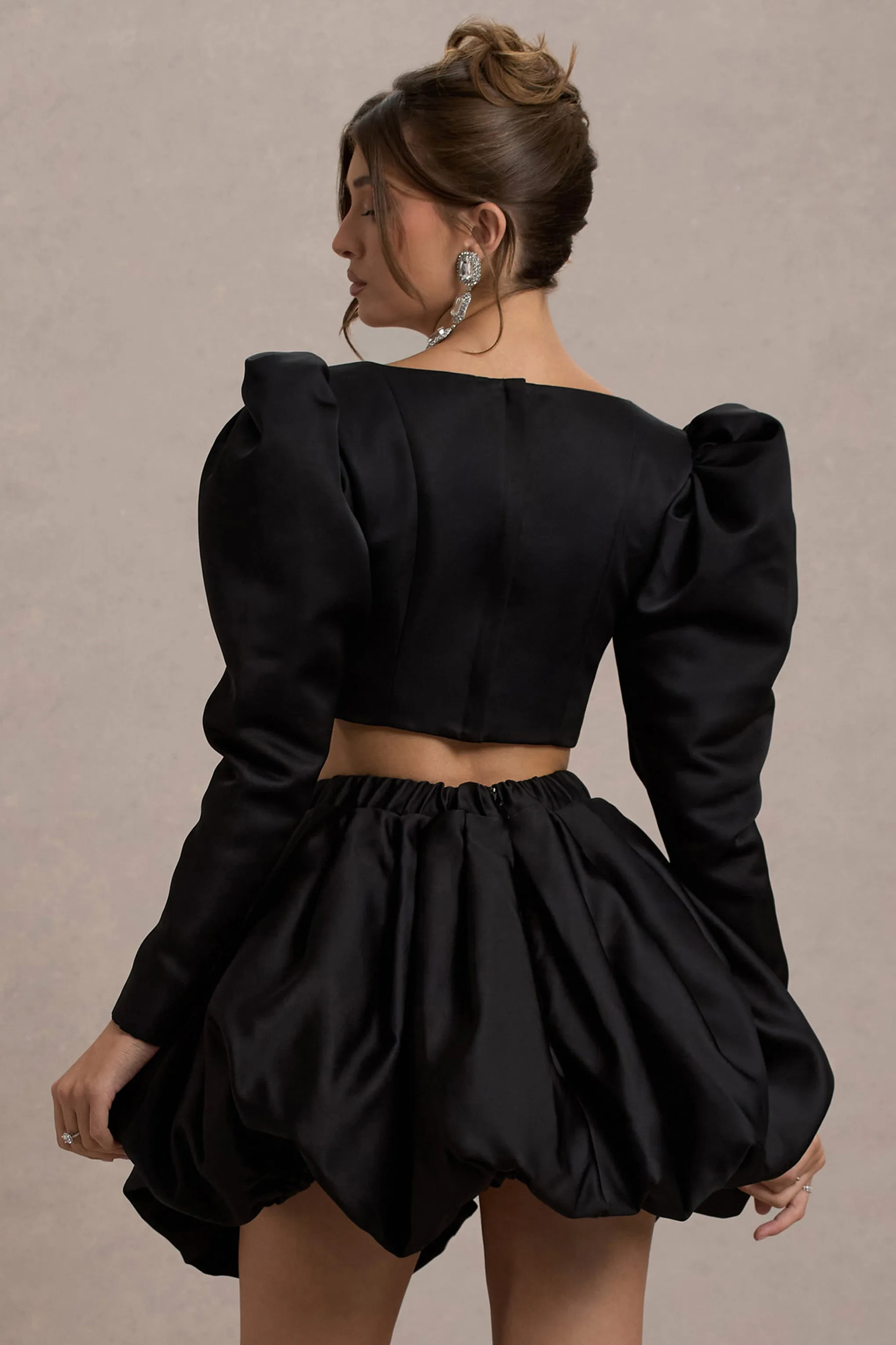 Eloisa | Black Satin Puff-Sleeve Cropped Jacket