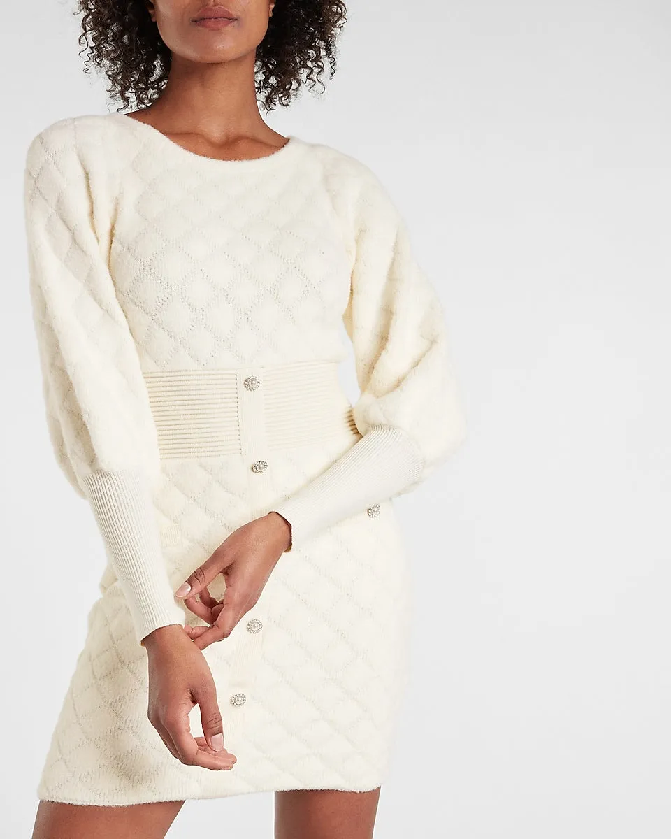 Embellished Button Front Mini Sweater Dress in Swan