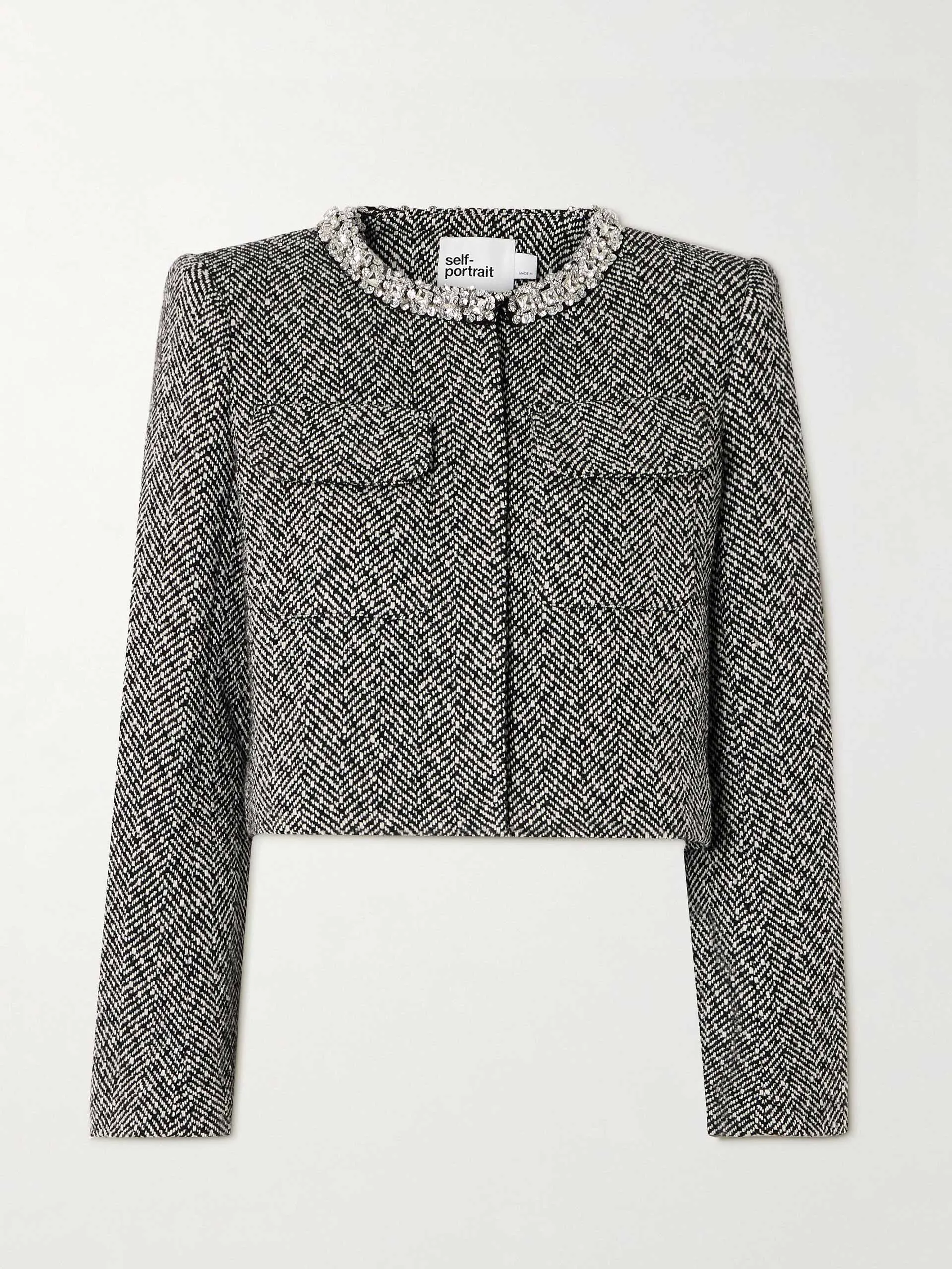 Embellished cropped herringbone tweed jacket