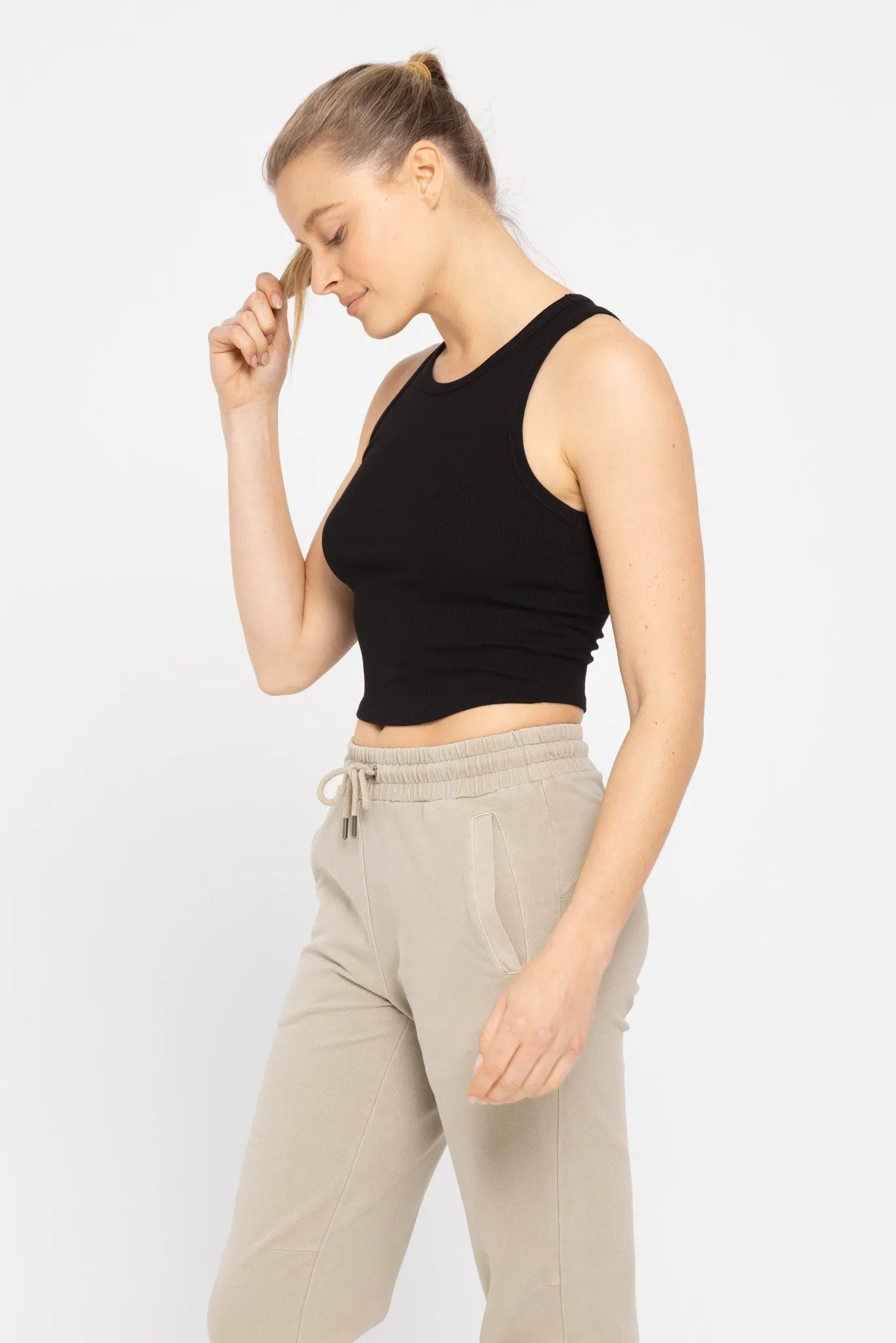 Essential Micro-Ribbed Cropped Racer Tank Top | MONO B - Final Sale