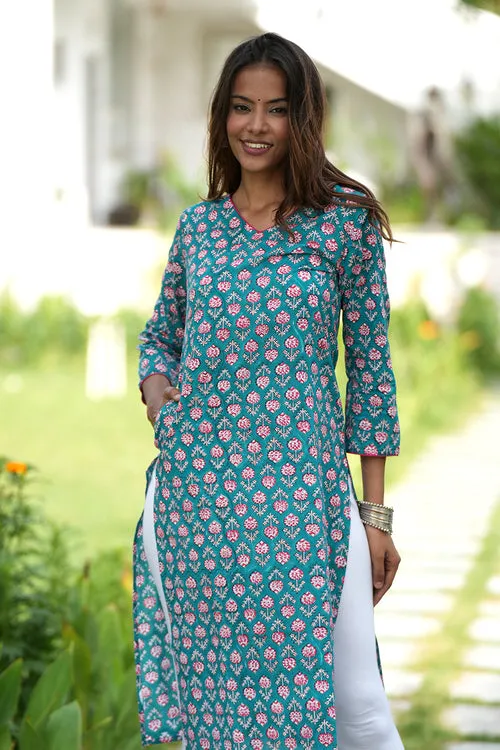 Evergreen Enigma Handblock Printed Cotton Kurti