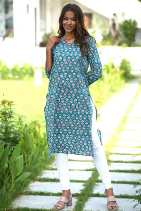 Evergreen Enigma Handblock Printed Cotton Kurti