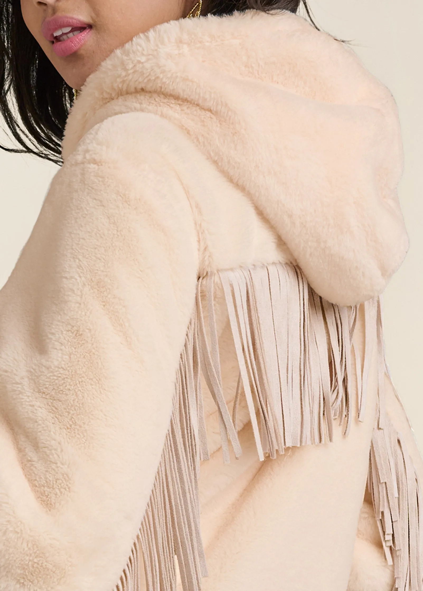 Faux Fur Bomber Jacket With Fringe Detail - White