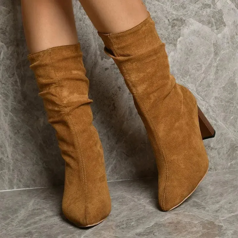 Faux Suede Slouch Heeled Boots